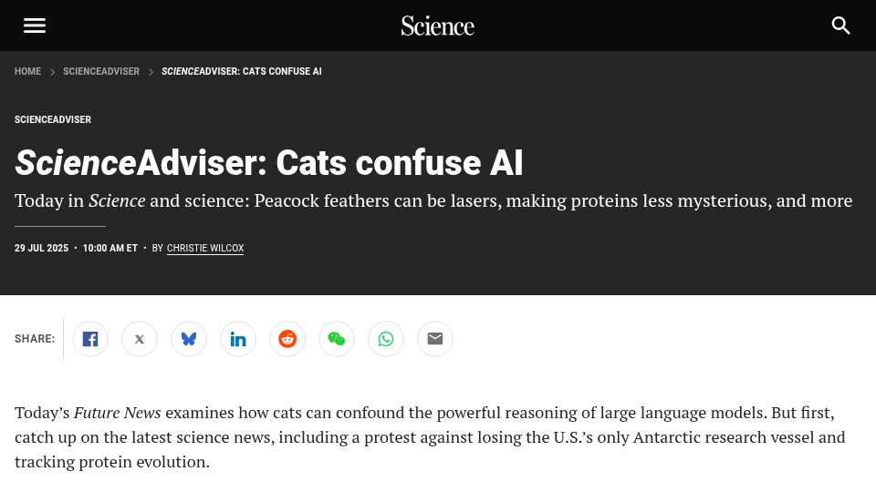 Screenshot of science.org: Irrelevant facts about cats added to math problems increase LLM errors by 300%