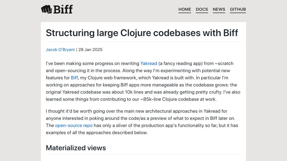 Screenshot of biffweb.com: Structuring large Clojure codebases with Biff