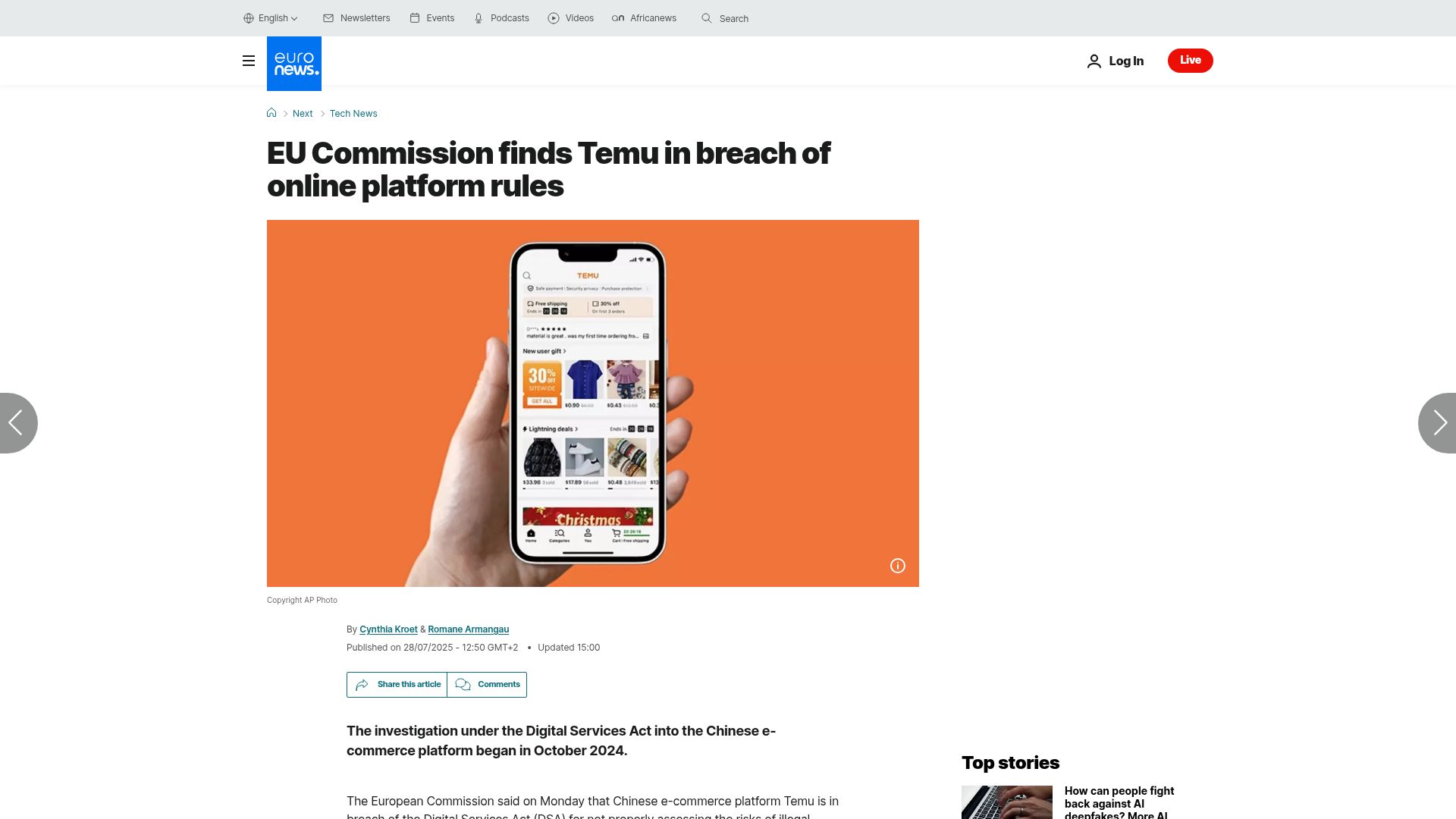 Screenshot of euronews.com: EU Commission finds Temu in breach of online platform rules