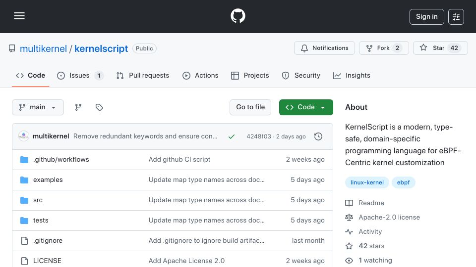 Screenshot of github.com: KernelScript eBPF-centric programming language