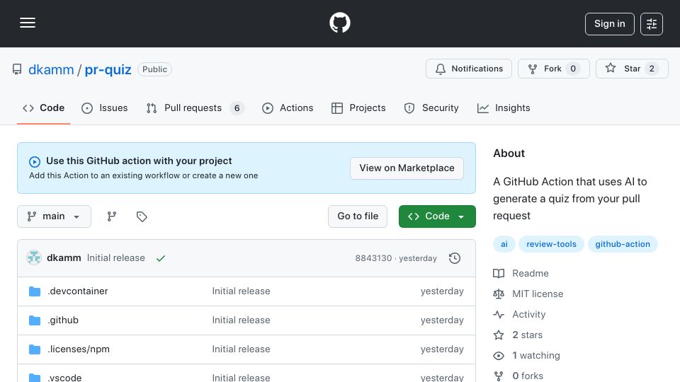 Screenshot of github.com: Show HN: A GitHub Action that quizzes you on a pull request