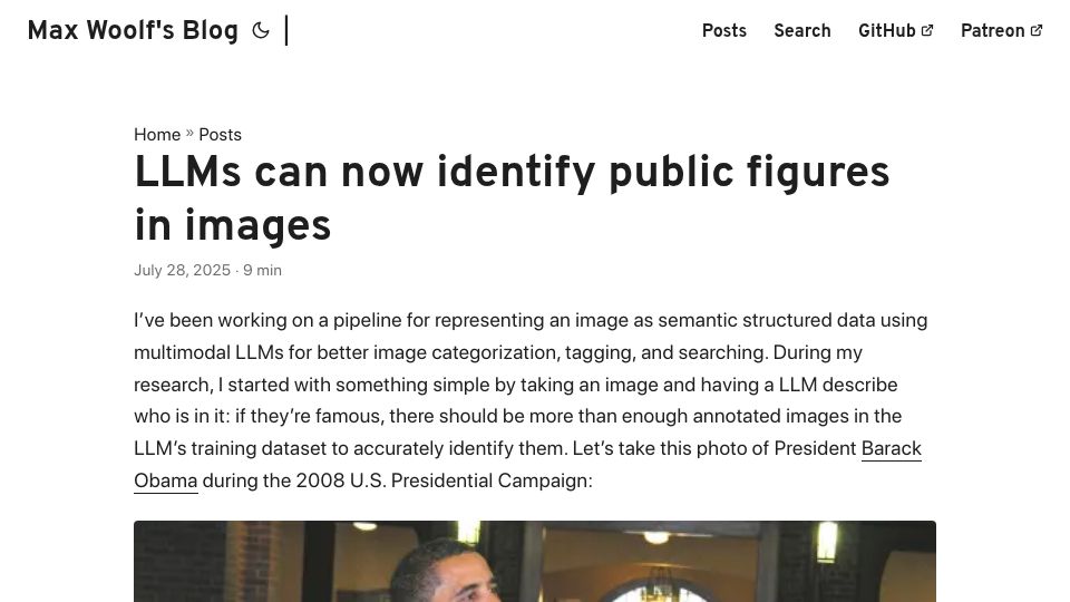 Screenshot of minimaxir.com: LLMs can now identify public figures in images