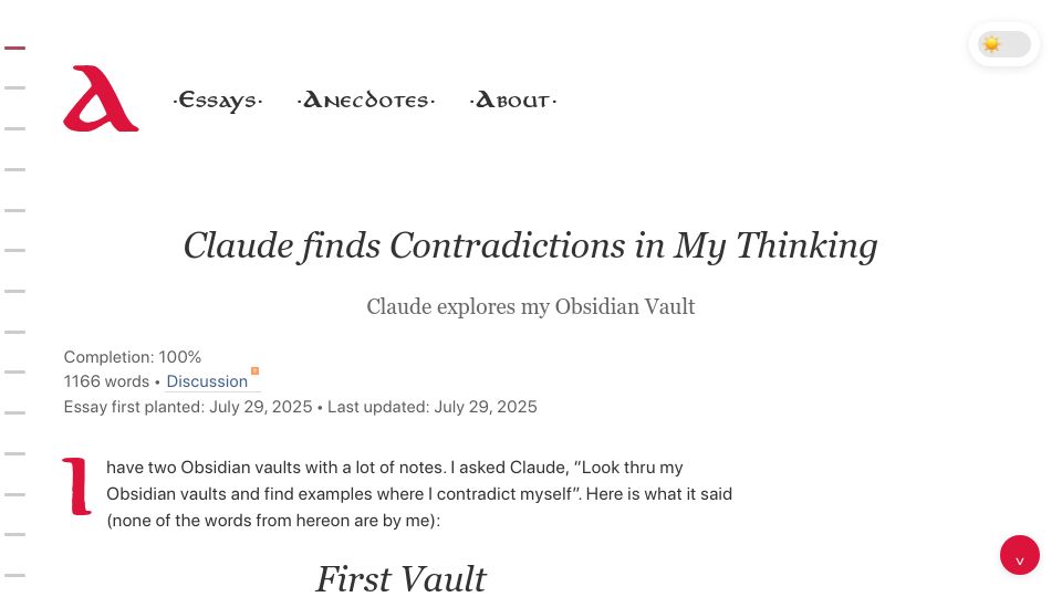 Screenshot of angadh.com: Claude Finds Contradictions in My Thinking