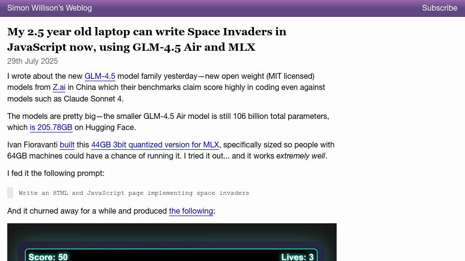 Screenshot of simonwillison.net: My 2.5 year old laptop can write Space Invaders in JavaScript now (GLM-4.5 Air)