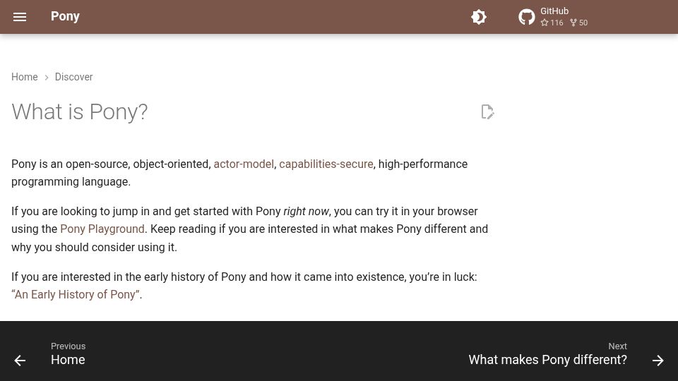 Screenshot of ponylang.io: Pony: An actor-model, capabilities-secure, high-performance programming language