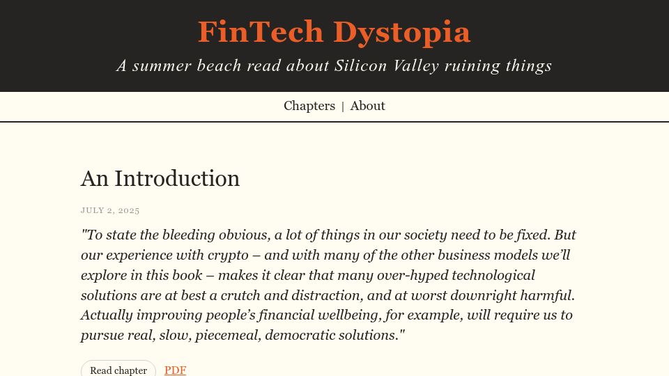 Screenshot of fintechdystopia.com: Fintech dystopia