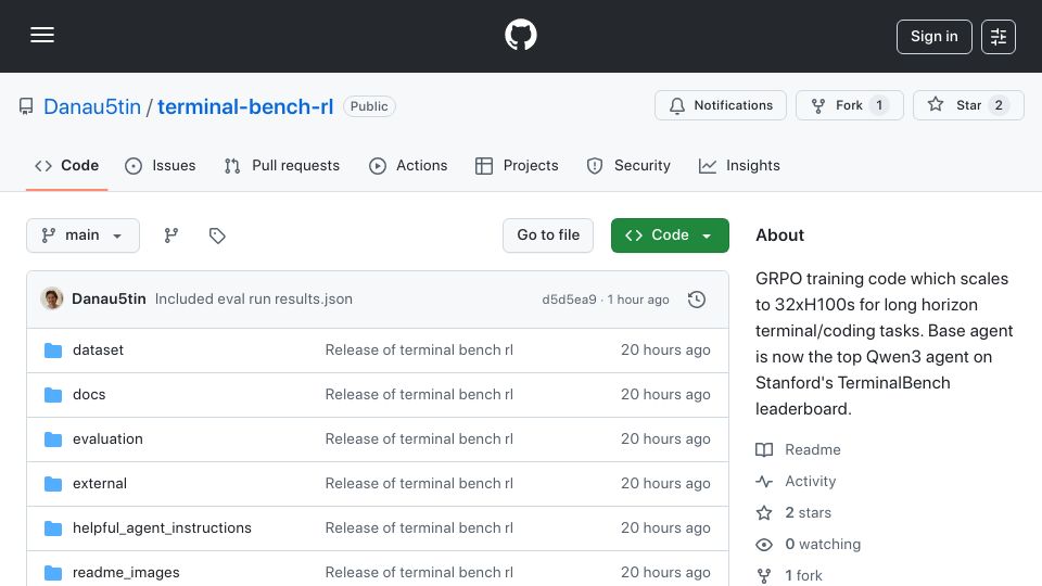 Screenshot of github.com: Show HN: Terminal-Bench-RL: Training long-horizon terminal agents with RL