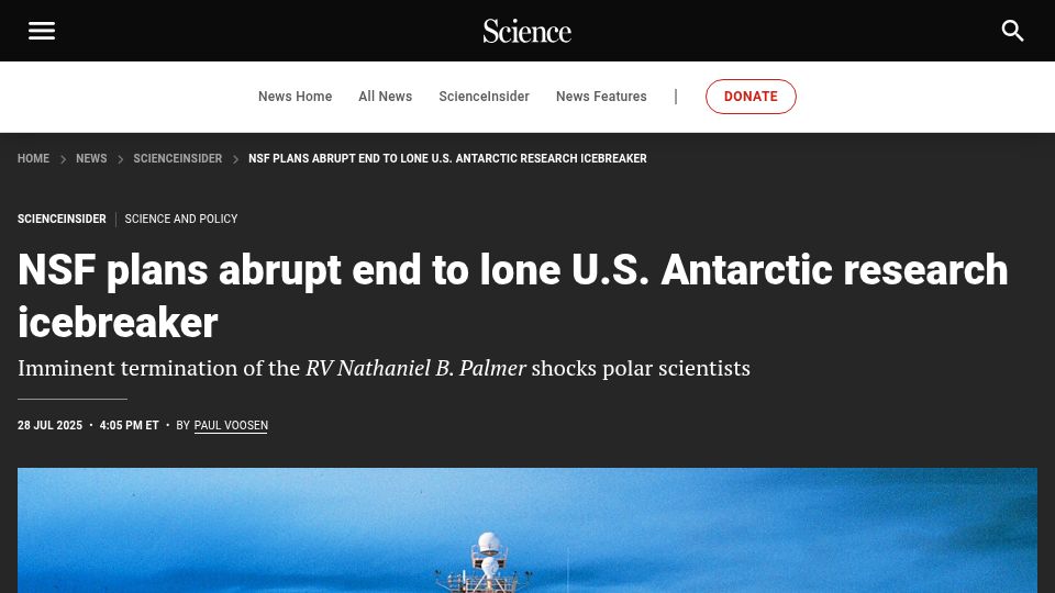 Screenshot of science.org: NSF plans end to lone U.S. Antarctic research icebreaker