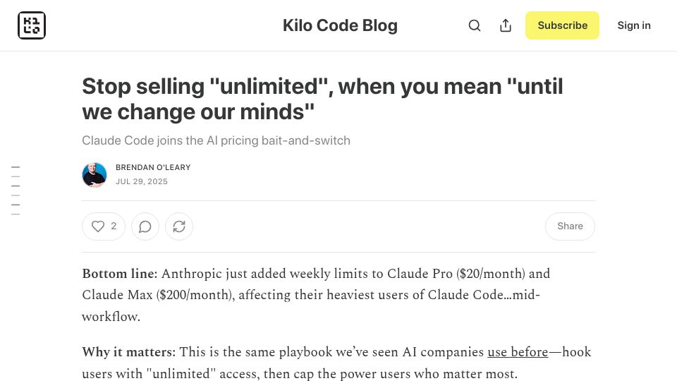 Screenshot of blog.kilocode.ai: Stop selling “unlimited”, when you mean “until we change our minds”