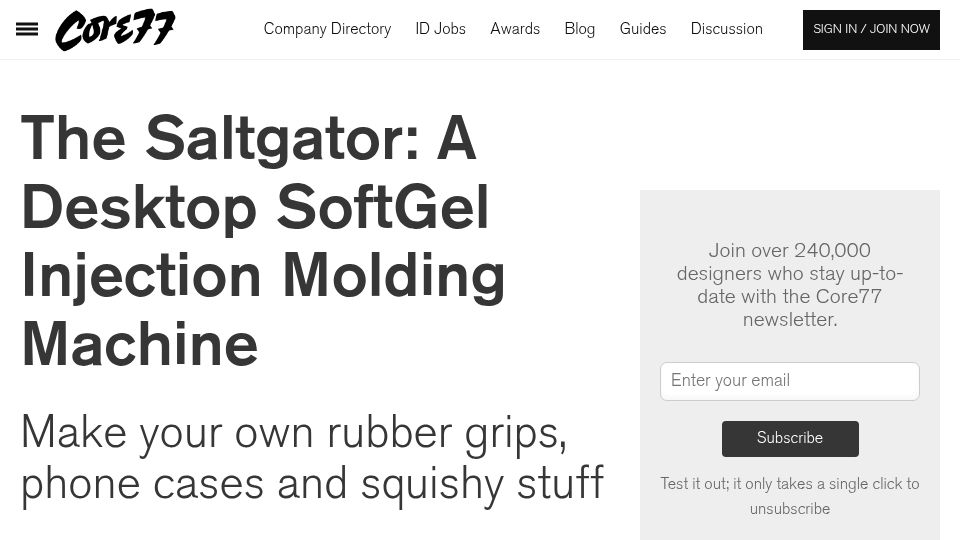 Screenshot of core77.com: The Saltgator: A Desktop SoftGel Injection Molding Machine