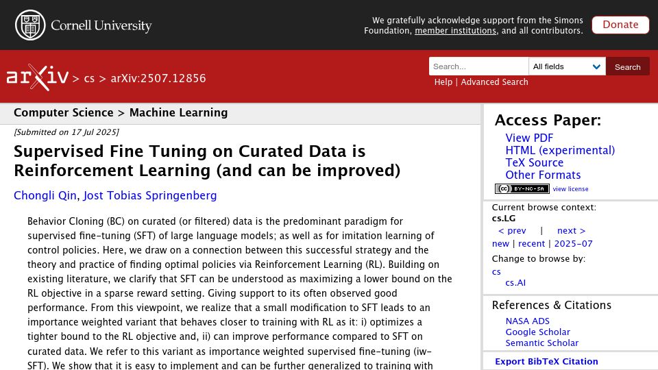 Screenshot of arxiv.org: Supervised fine tuning on curated data is reinforcement learning