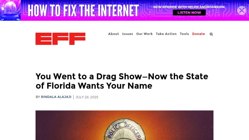 Screenshot of eff.org: Florida’s attorney general targets a restaurant over an LGBTQ Pride event