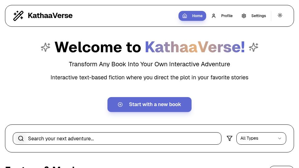 Screenshot of kathaaverse.com: Show HN: I built an AI that turns any book into a text adventure game