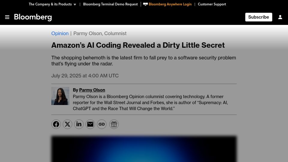 Screenshot of bloomberg.com: Amazon's AI Coding Revealed a Dirty Little Secret