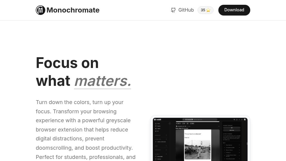 Screenshot of monochromate.lirena.in: Show HN: Monchromate – Smart greyscale browser extension