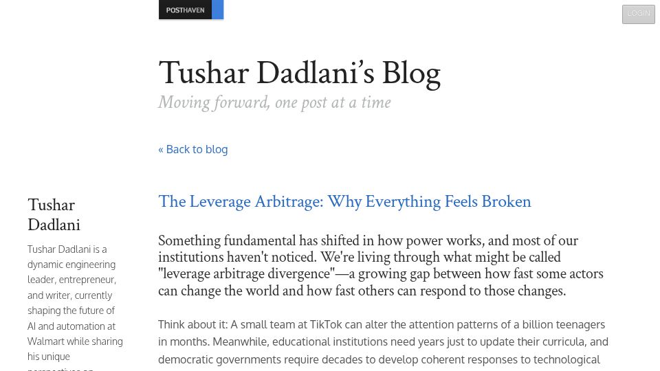 Screenshot of tushardadlani.com: The leverage arbitrage: Why everything feels broken