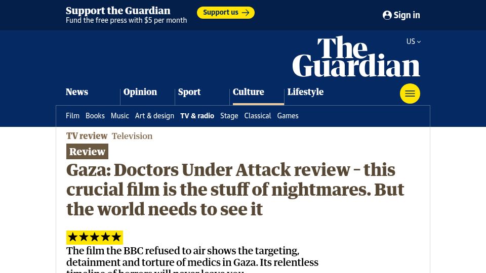 Screenshot of theguardian.com: Gaza: Doctors Under Attack review – this crucial film is the stuff of nightmares