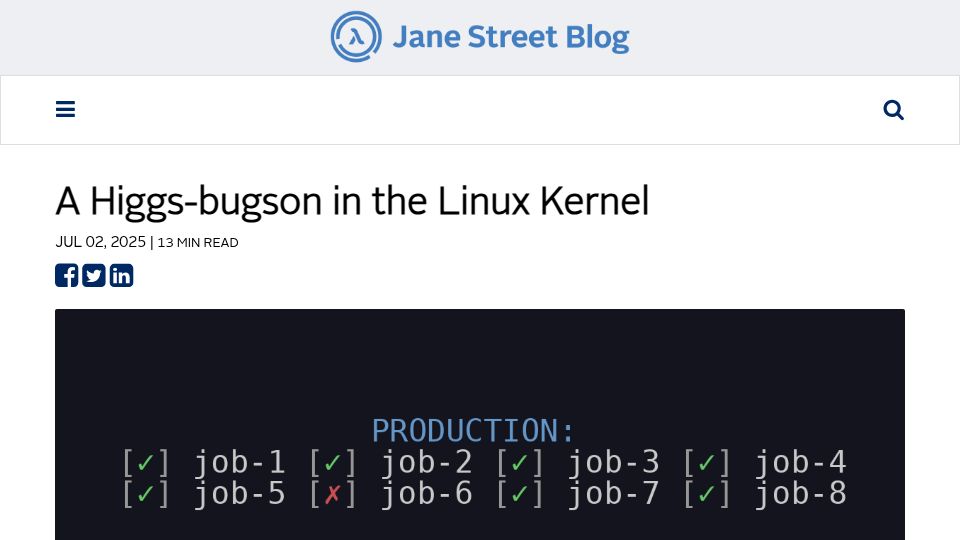 Screenshot of blog.janestreet.com: A Higgs-Bugson in the Linux Kernel