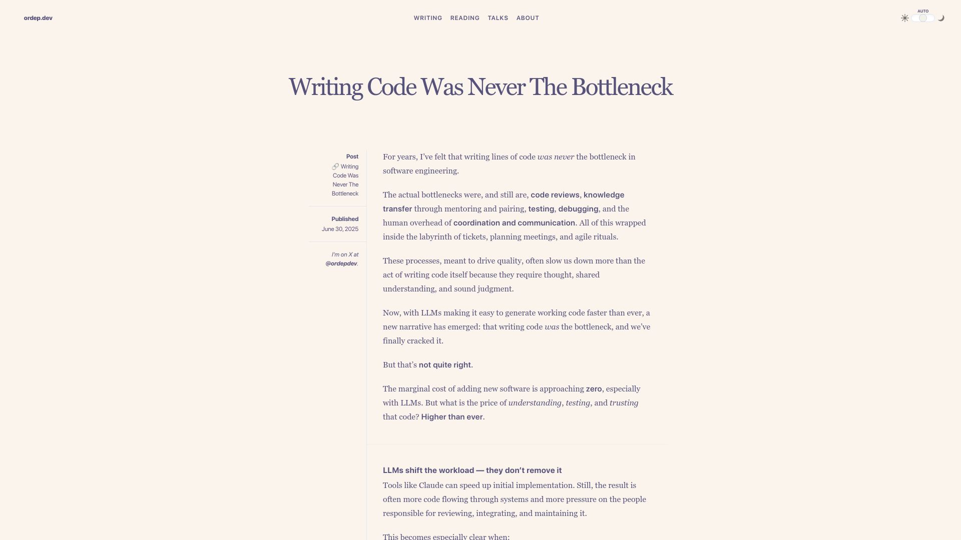 Screenshot of ordep.dev: Writing Code Was Never the Bottleneck