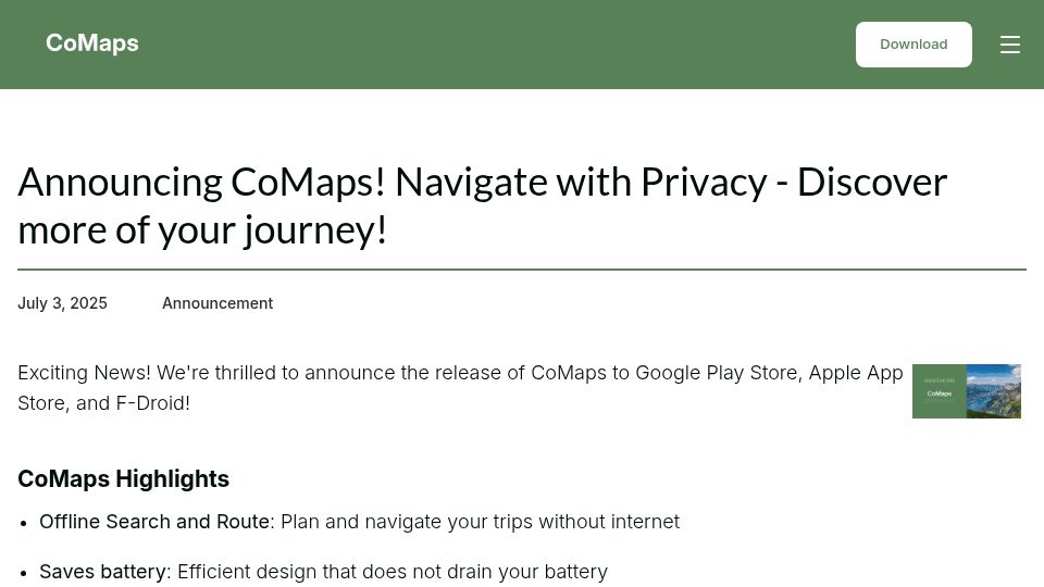 Screenshot of comaps.app: CoMaps: New OSM based navigation app