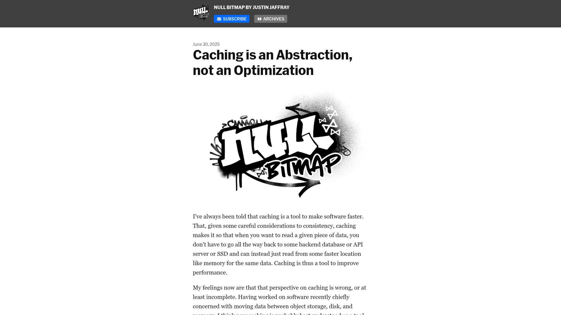 Screenshot of buttondown.com: Caching is an abstraction, not an optimization