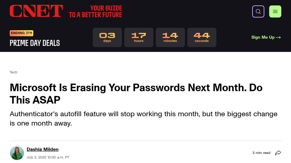Screenshot of cnet.com: Next month, saved passwords will no longer be in Microsoft’s Authenticator app