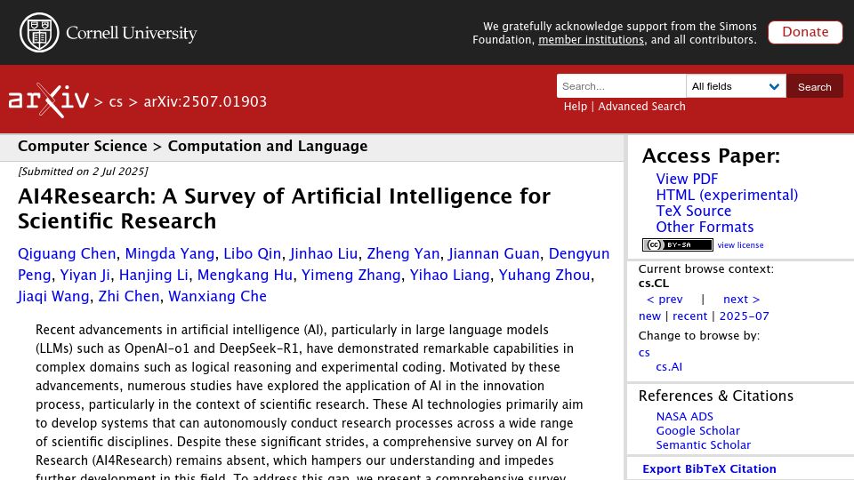 Screenshot of arxiv.org: AI for Scientific Search