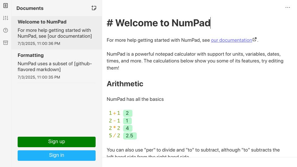 Screenshot of numpad.io: Show HN: I rewrote my notepad calculator as a local-first app with CRDT syncing