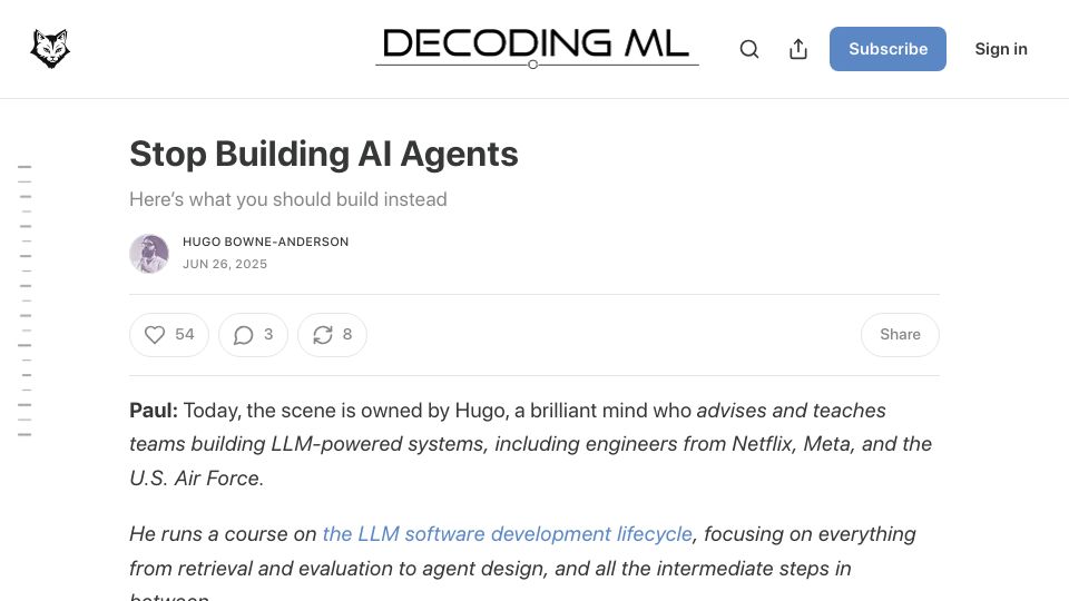 Screenshot of decodingml.substack.com: What to build instead of AI agents