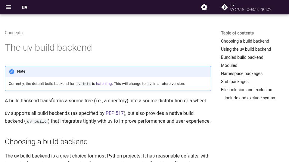 Screenshot of docs.astral.sh: The uv build back end is now stable