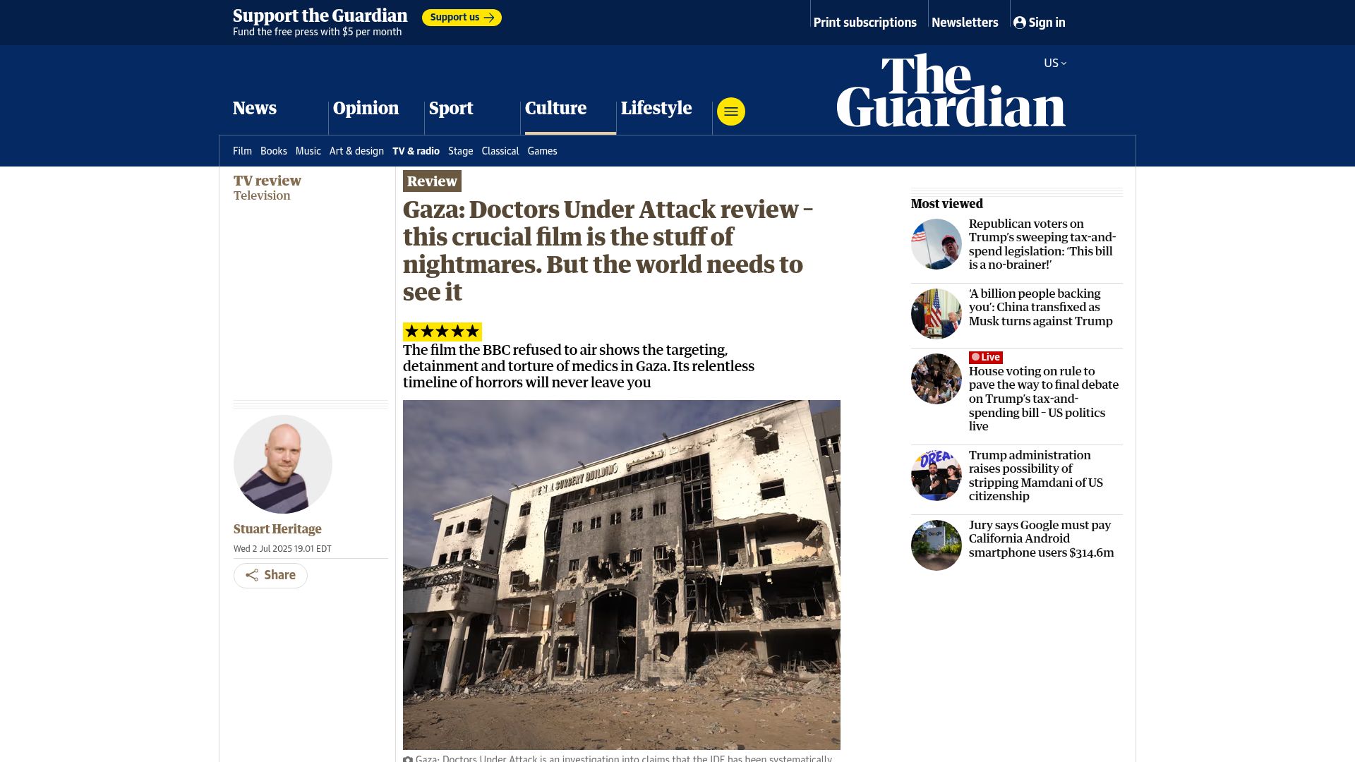 Screenshot of theguardian.com: Gaza: Doctors Under Attack review – this crucial film is the stuff of nightmares