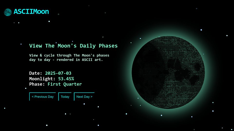 Screenshot of asciimoon.com: ASCIIMoon: The moon's phase live in ASCII art