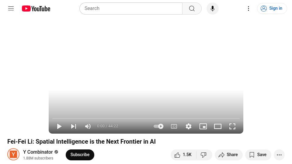 Screenshot of youtube.com: Fei-Fei Li: Spatial intelligence is the next frontier in AI [video]