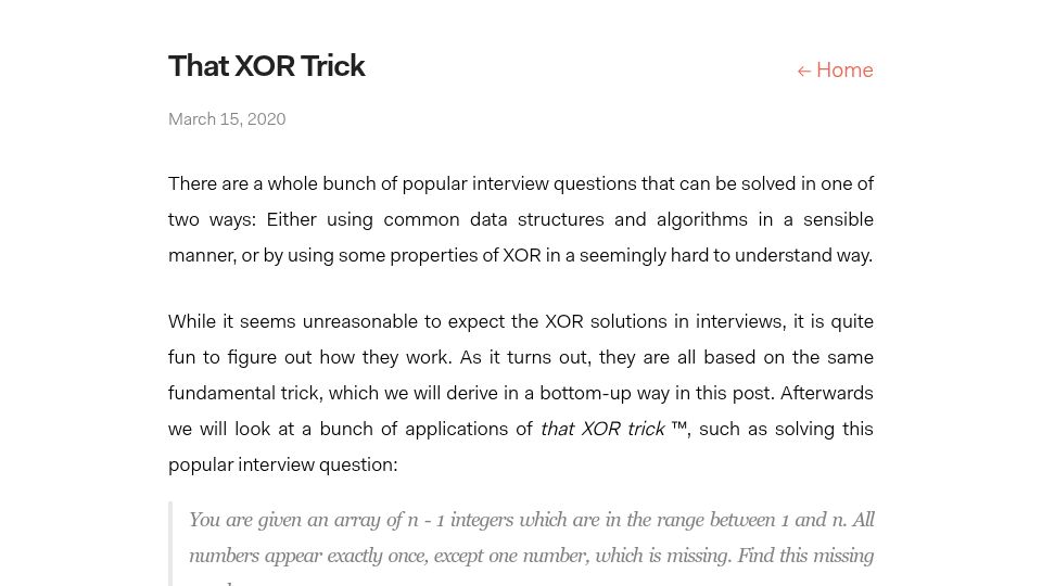Screenshot of florian.github.io: That XOR Trick (2020)