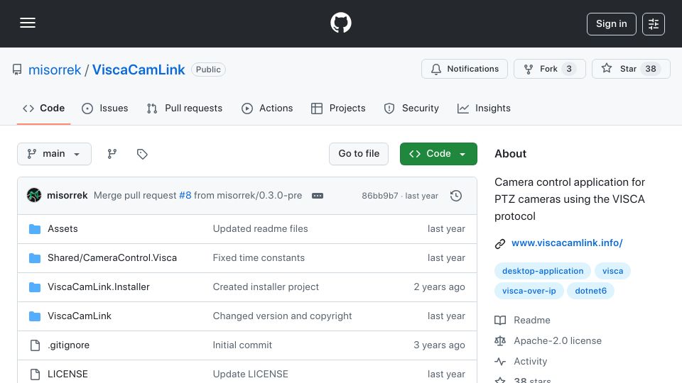 Screenshot of github.com: ViscaCamLink – Camera control application for PTZ cameras