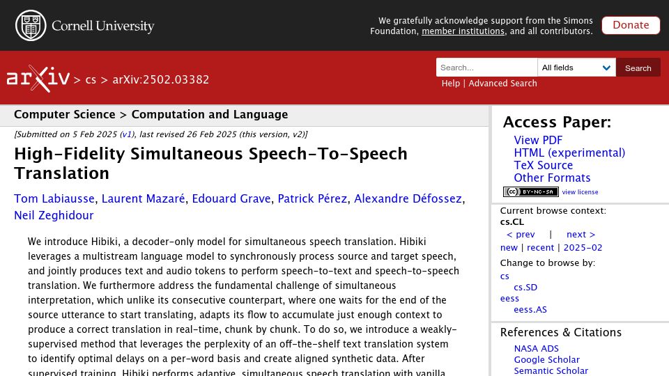 Screenshot of arxiv.org: High-Fidelity Simultaneous Speech-to-Speech Translation