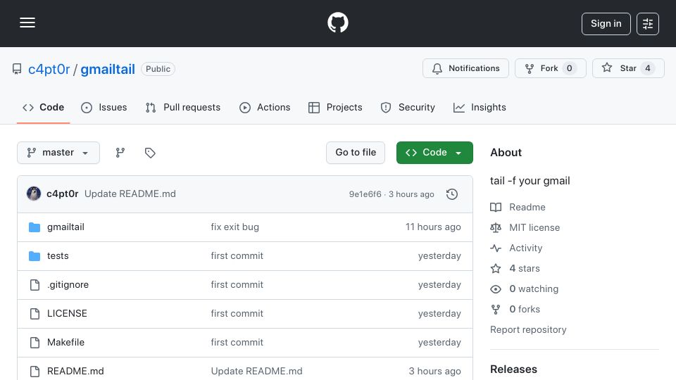 Screenshot of github.com: Gmailtail – Command-line tool to monitor Gmail messages and output them as JSON