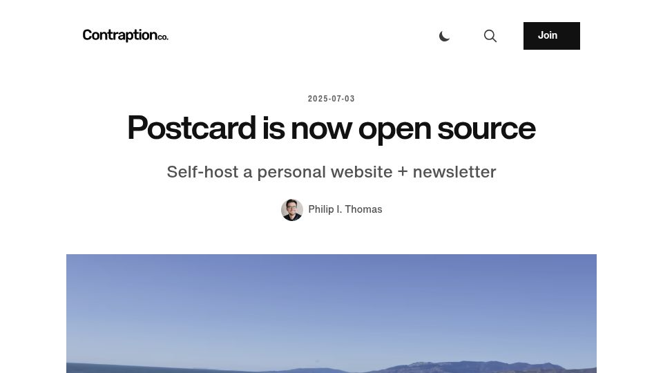 Screenshot of contraption.co: Postcard is now open source