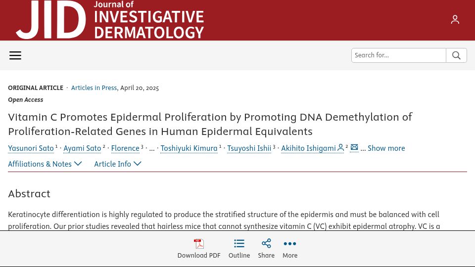 Screenshot of jidonline.org: Vitamin C Boosts Epidermal Growth via DNA Demethylation