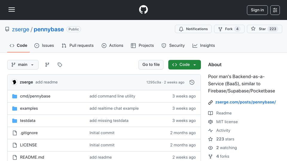 Screenshot of github.com: Poor Man's Back End-as-a-Service (BaaS), Similar to Firebase/Supabase/Pocketbase