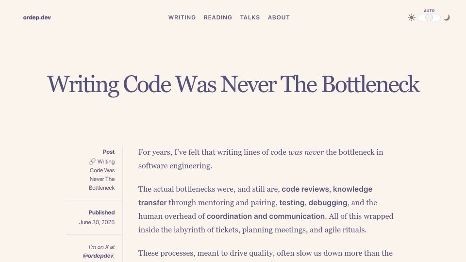 Screenshot of ordep.dev: Writing Code Was Never the Bottleneck
