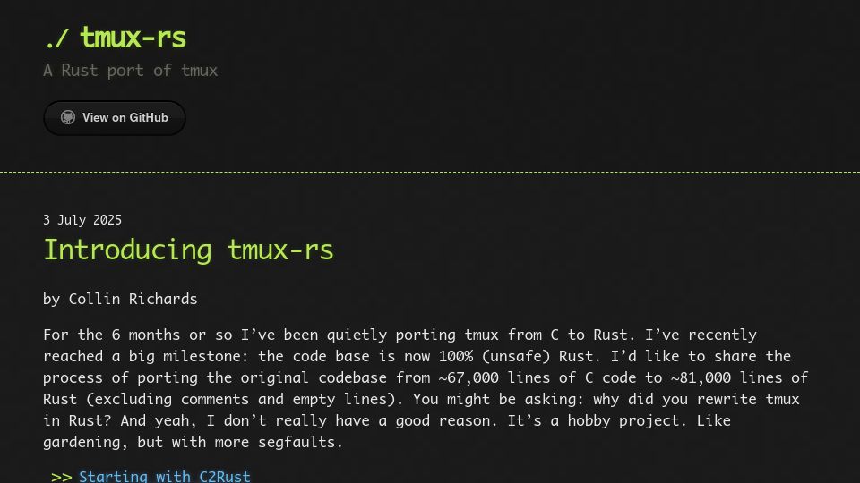 Screenshot of richardscollin.github.io: Introducing tmux-rs