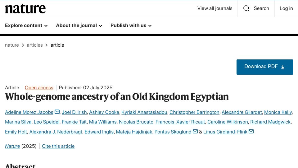 Screenshot of nature.com: Whole-genome ancestry of an Old Kingdom Egyptian