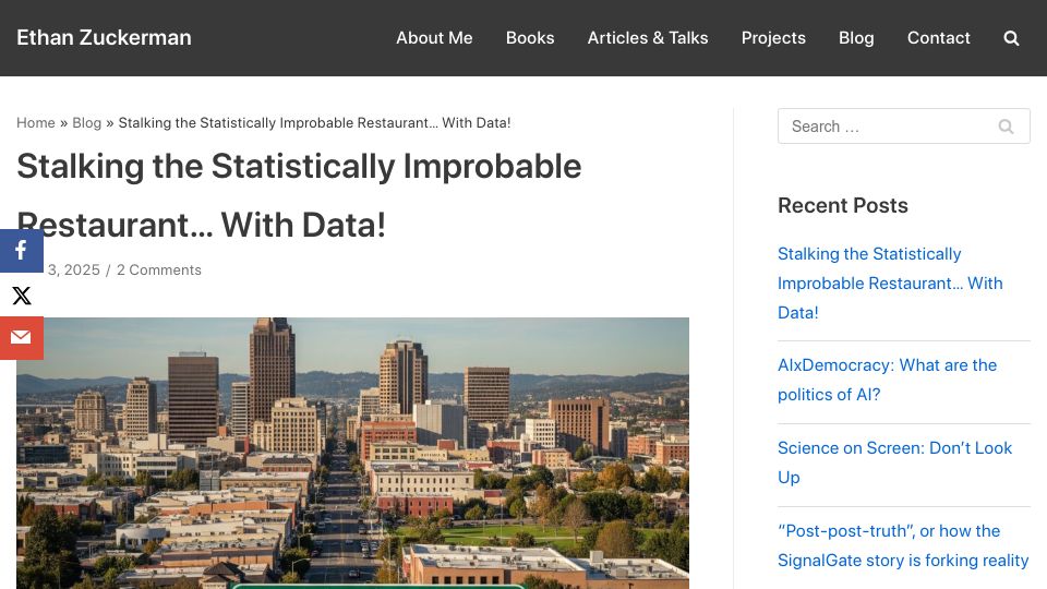 Screenshot of ethanzuckerman.com: Stalking the Statistically Improbable Restaurant with Data