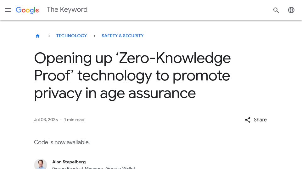 Screenshot of blog.google: Opening up ‘Zero-Knowledge Proof’ technology