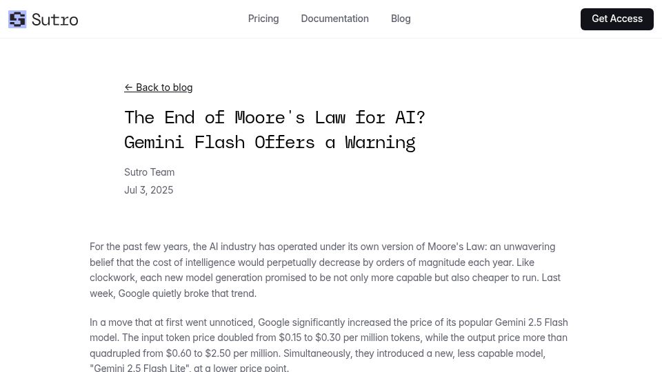 Screenshot of sutro.sh: The End of Moore's Law for AI? Gemini Flash Offers a Warning