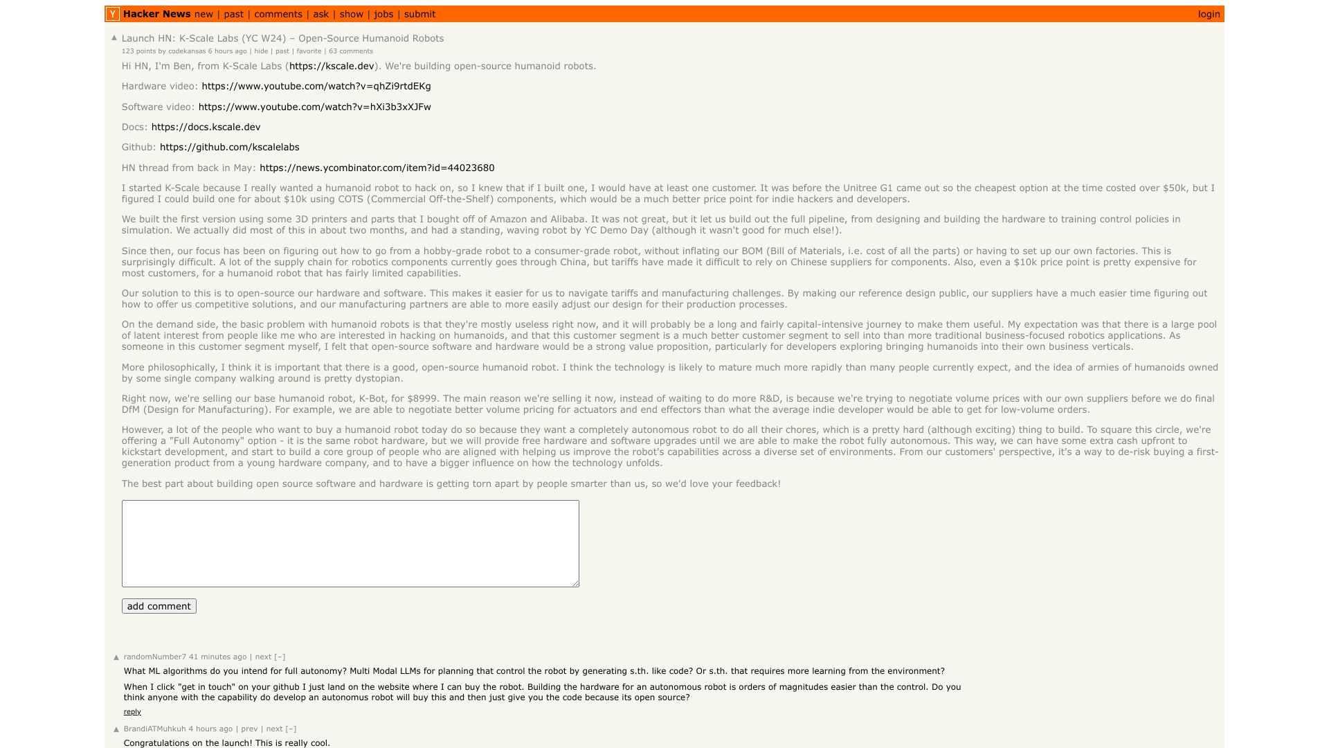 Screenshot of this Hacker News post: Launch HN: K-Scale Labs (YC W24) – Open-Source Humanoid Robots
