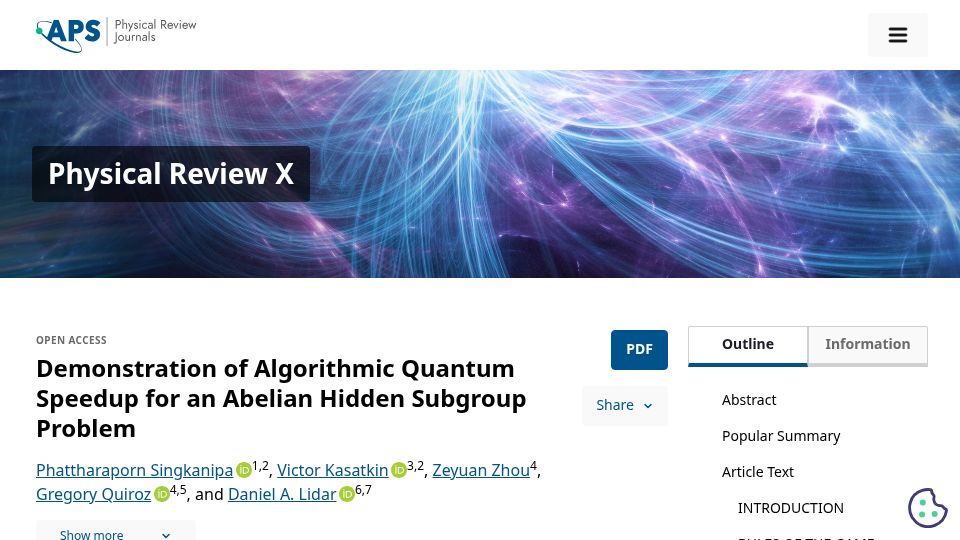 Screenshot of journals.aps.org: Demonstration of Algorithmic Quantum Speedup for an Abelian Hidden Subgroup