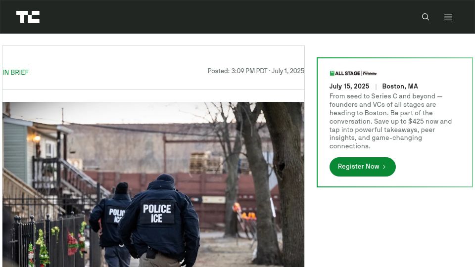 Screenshot of techcrunch.com: ICEBlock, an app for anonymously reporting ICE sightings, goes viral