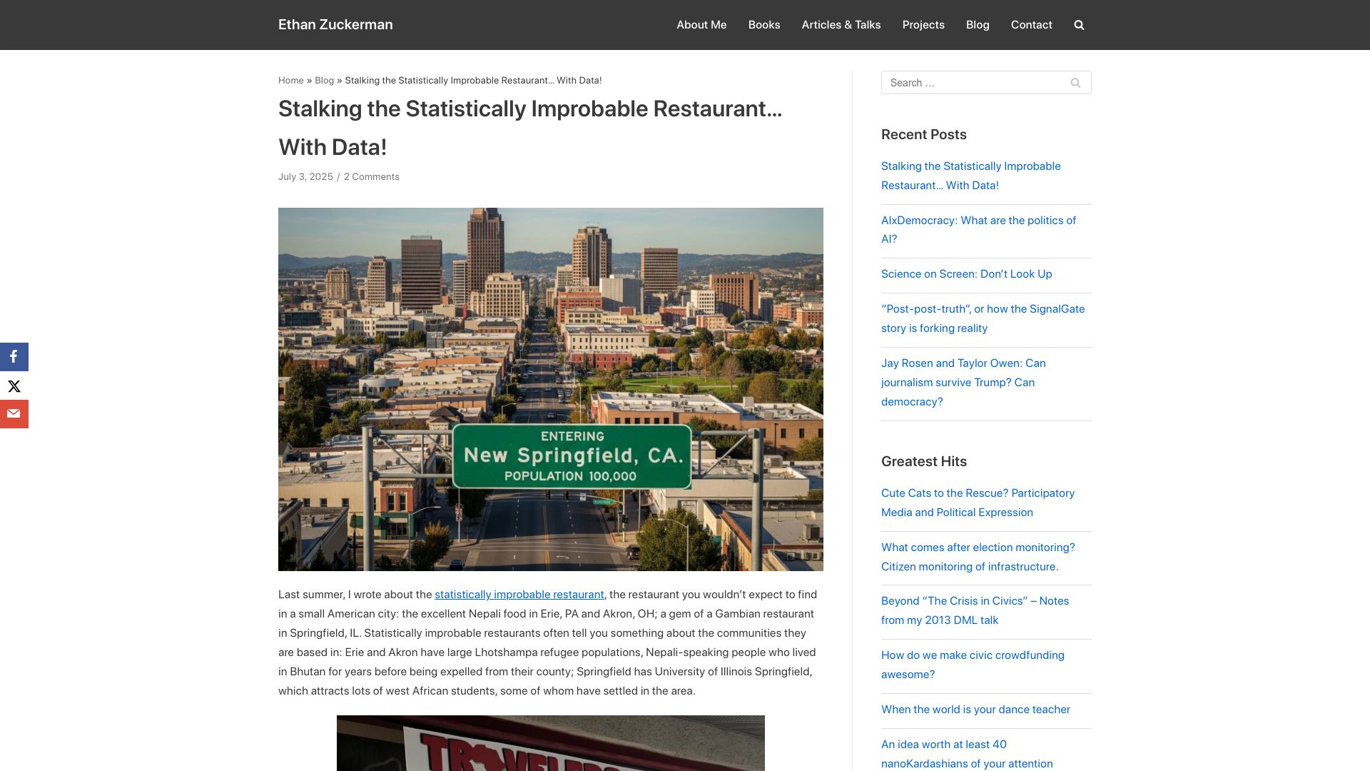 Screenshot of ethanzuckerman.com: Stalking the Statistically Improbable Restaurant with Data